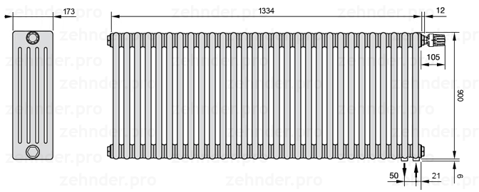 Схема (чертеж) Радиатор Zehnder Charleston 5090/29 №V002 Белый глянцевый RAL 9016